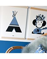 Kinderposter Indiaan Tipi Blauw A3 ANNIdesign Sfeer