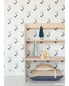 Kinderbehang  Retrobloem Blauw Bibelotte Sfeer