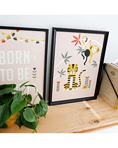 Kinderposter Jungle Tijger en Aap Roze A3 ANNIdesign